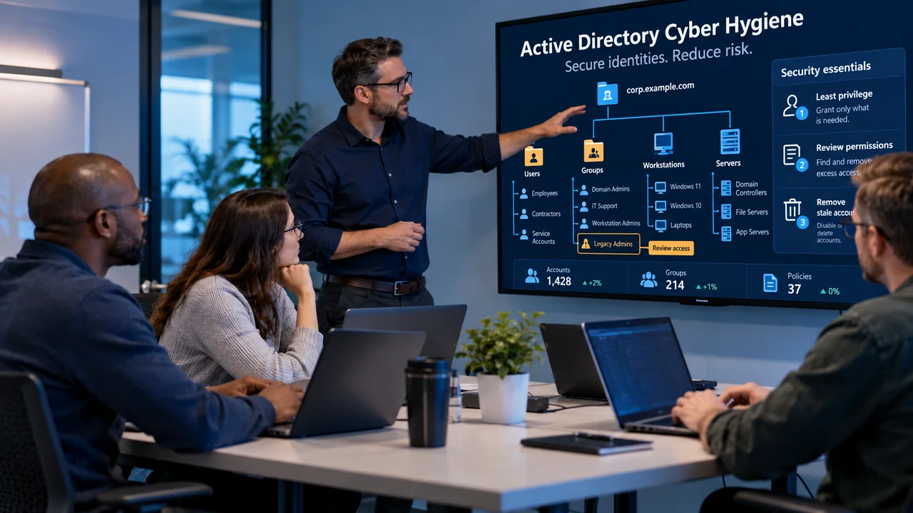 Instructor explaining Active Directory cyber hygiene with a labeled directory hierarchy and security checklist