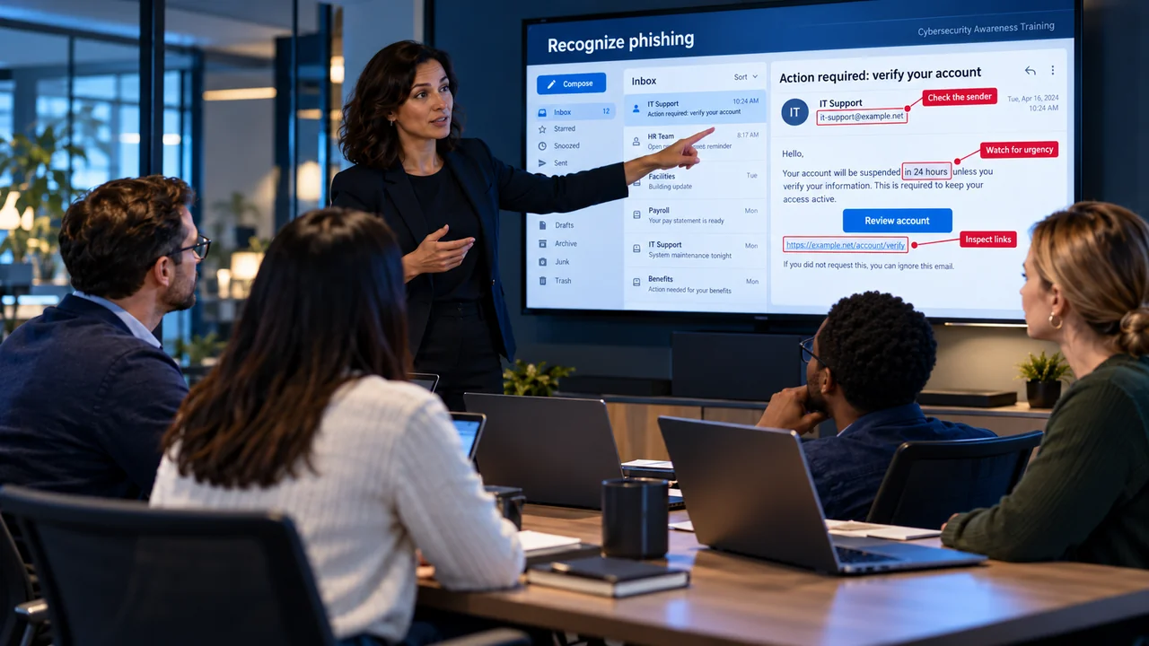 Instructor explaining a realistic phishing email with sender, urgency, and link warning signs