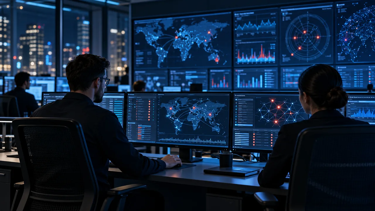 Security analysts monitoring network events and investigating alerts in a security operations center